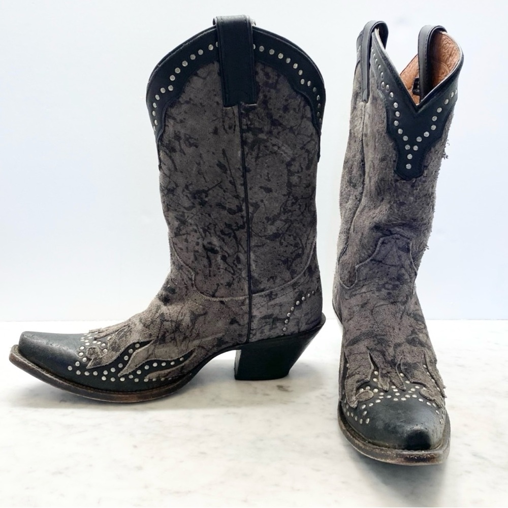 Harley-Davidson Gray Suede Black Leather Flame Studded Tall Cowboy Boots 9.5 - Picture 1 of 9